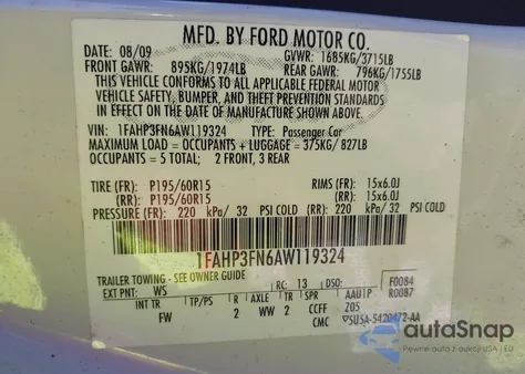 2010 Ford Focus Se z USA, uszkodzony, nr VIN 1FAHP3FN6AW119324